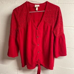 Red women’s shirt 3/4 sleeves and lace shoulders